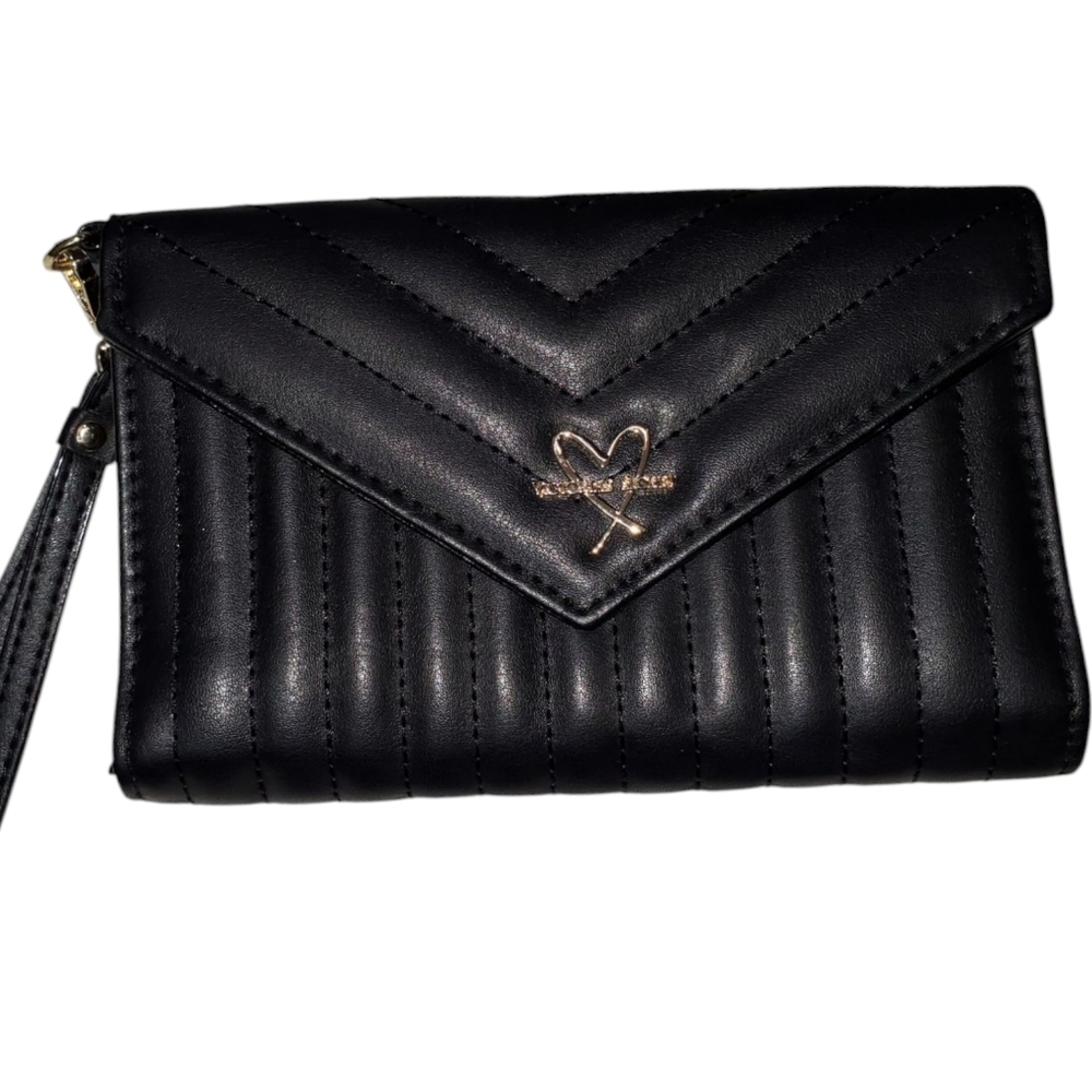 Victoria's Secret Wallet Black V-Quilt Wrist Strap Wallet Gold Logo Snap
